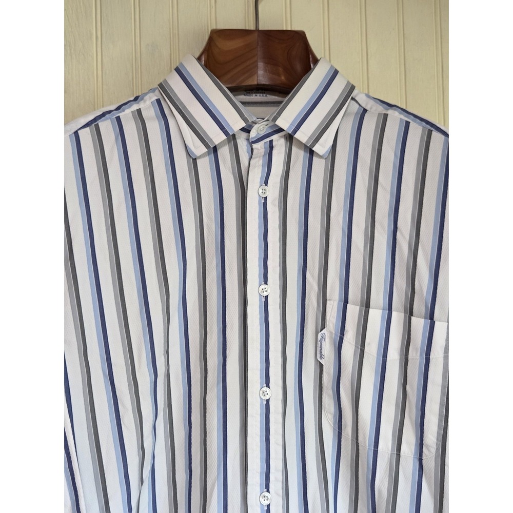 Faconnable Dress‎ Shirt Mens 17 34/35 Blue Gray Stripe 100% Cotton Made In USA